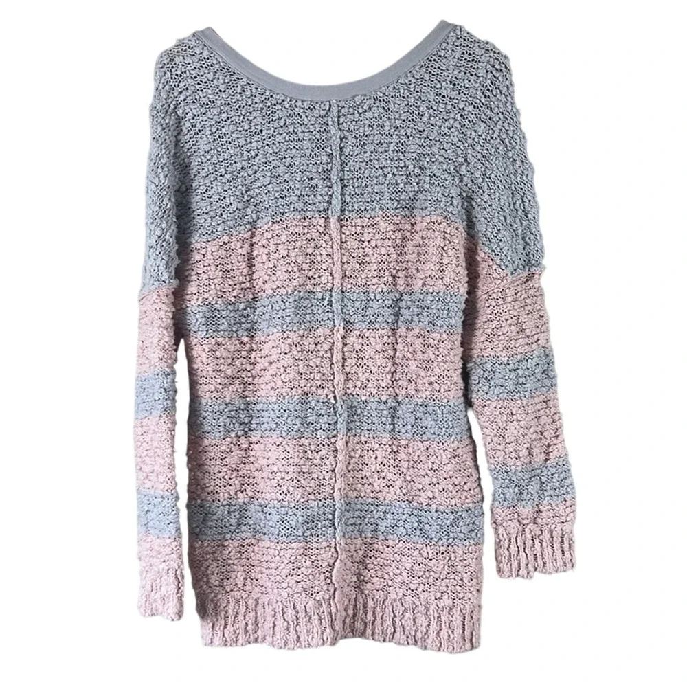 Free People Songbird Sweater V-Neck Striped Bouclé Knit Pink Gray Tunic Size M
